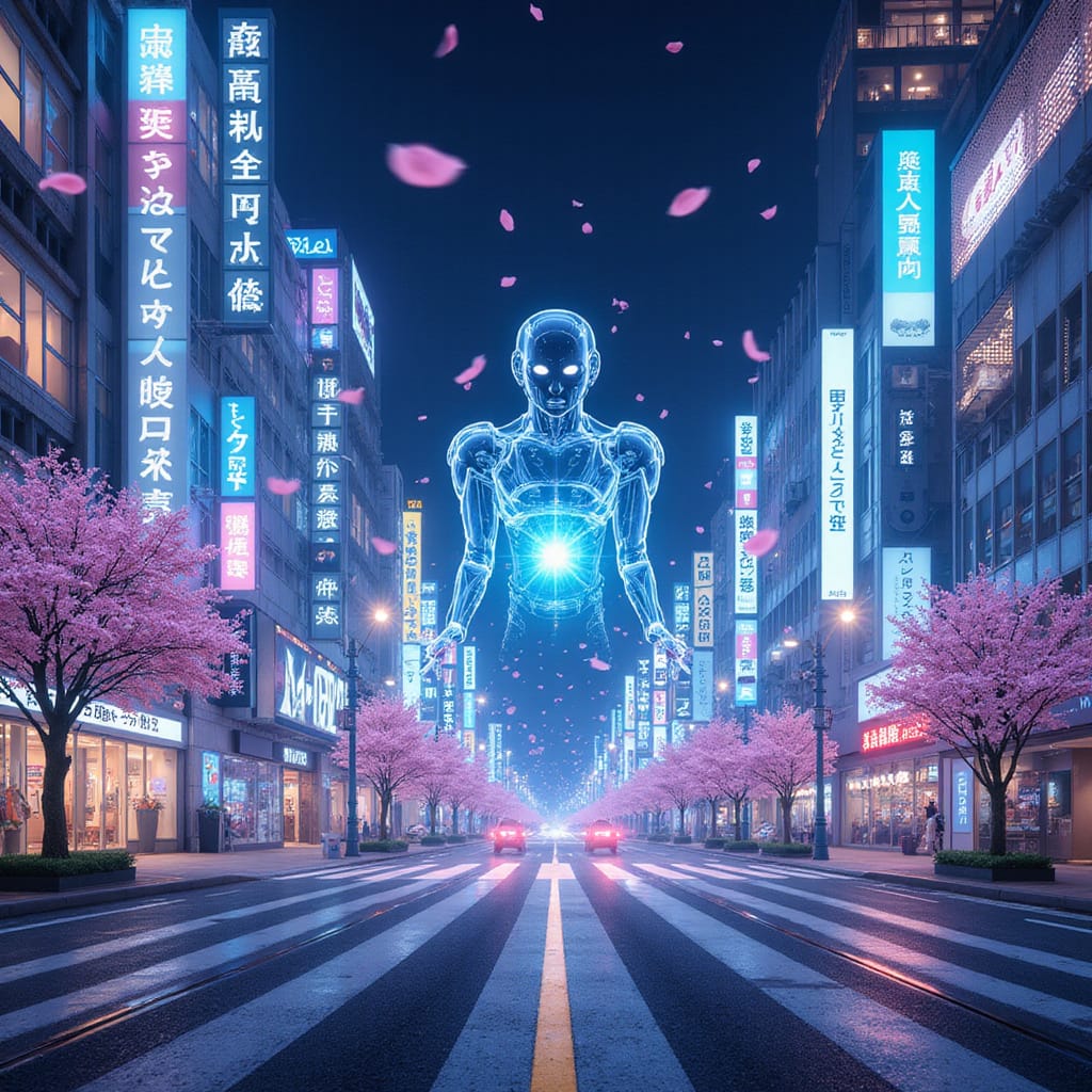 Alt-text : Illustration stylisée dun cerveau IA connecté à des buildings japonais, symbolisant la collaboration entre SoftBank et OpenAI.