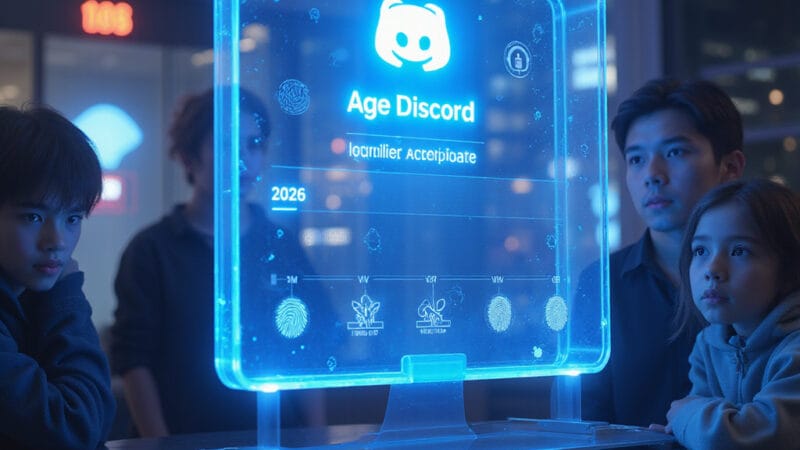 Alt-text : Jeune utilisateur de Discord devant son écran avec une notification de vérification dâge saffichant sur linterface de lapplication.