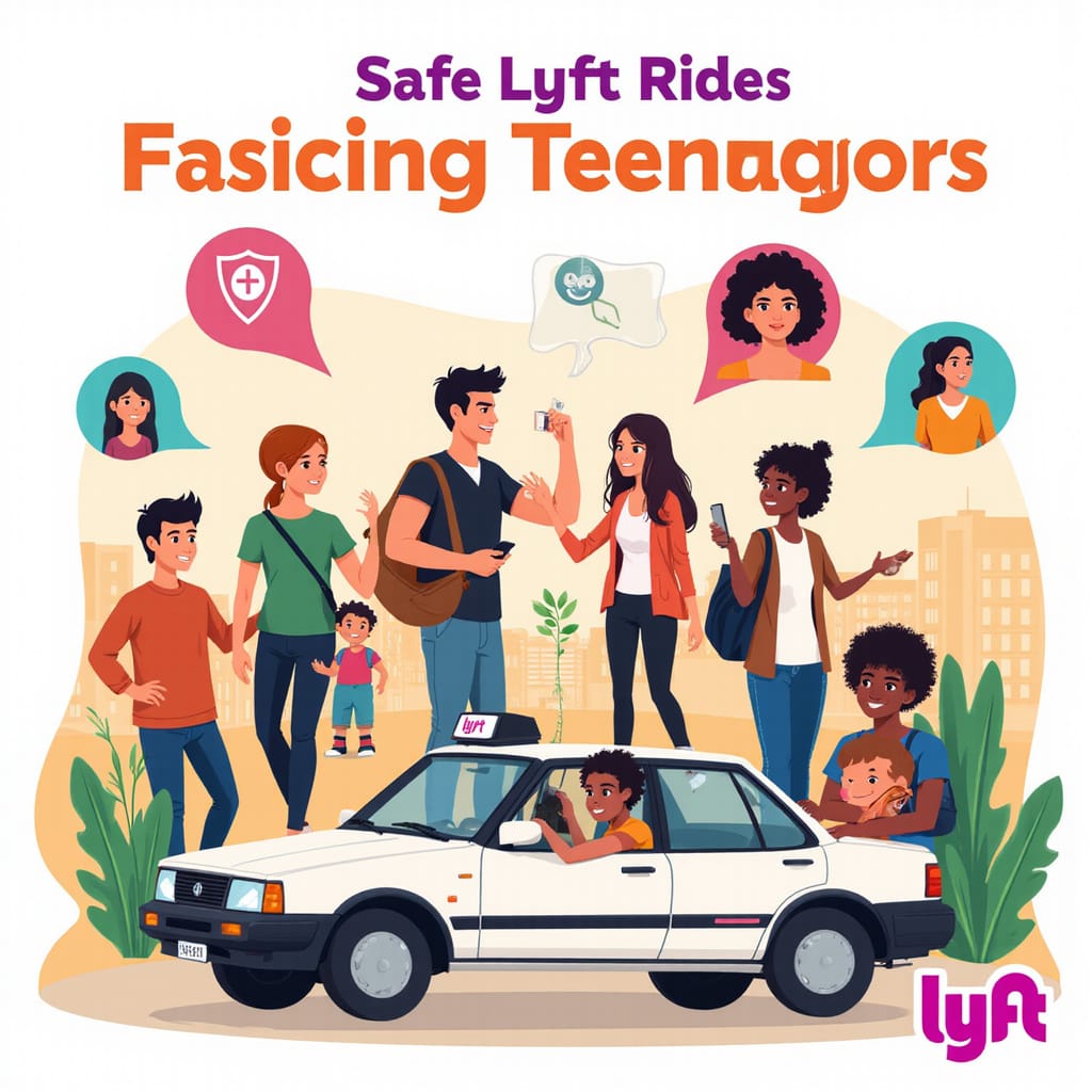 Jeune adolescent utilisant lapplication Lyft sur son smartphone, avec un parent vérifiant le trajet en temps réel à côté.