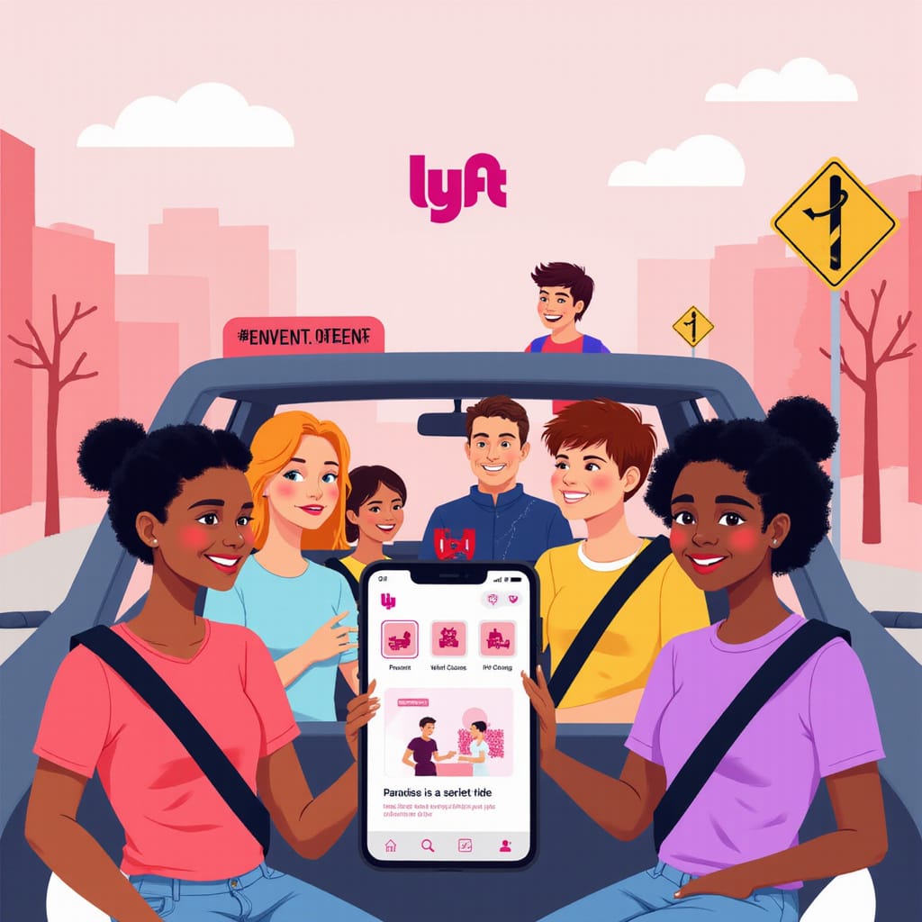 Jeune adolescent utilisant lapplication Lyft sur son smartphone, avec un parent vérifiant le trajet en temps réel à côté.
