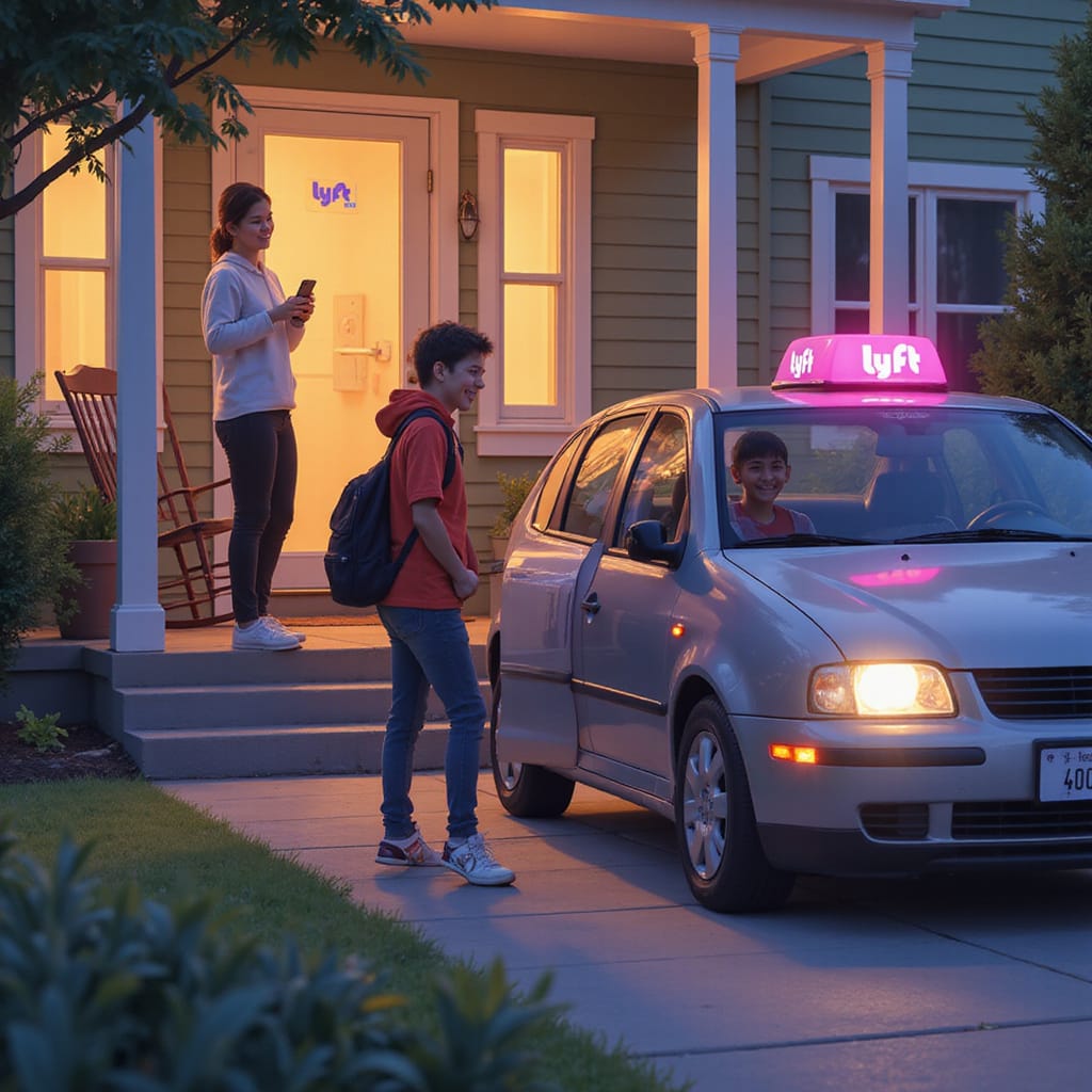 Jeune adolescent utilisant lapplication Lyft sur son smartphone, avec un parent vérifiant le trajet en temps réel à côté.